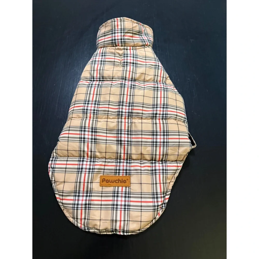Pawchie Reversible Dog Puffer Vest Plaid Tan Quilted Jacket Medium RN DCD057